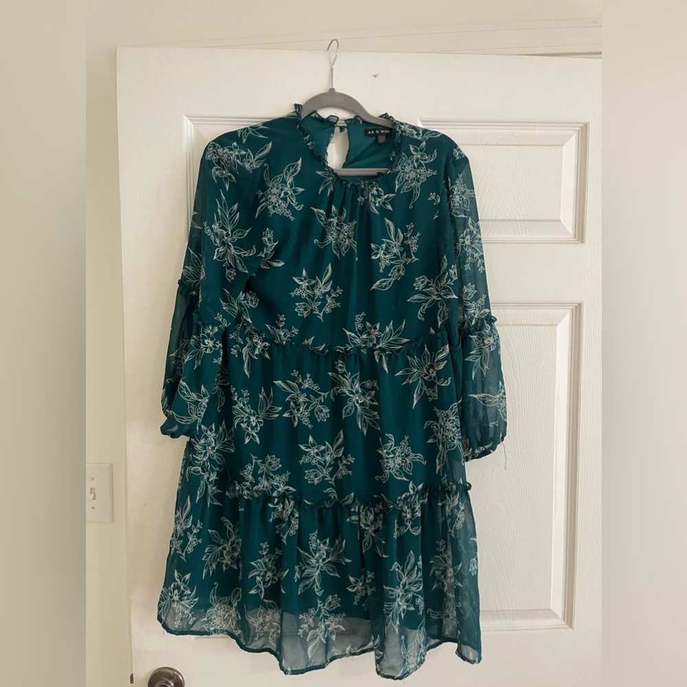 AS U WISH Women’s Green Floral Ruffle Mini Dress
